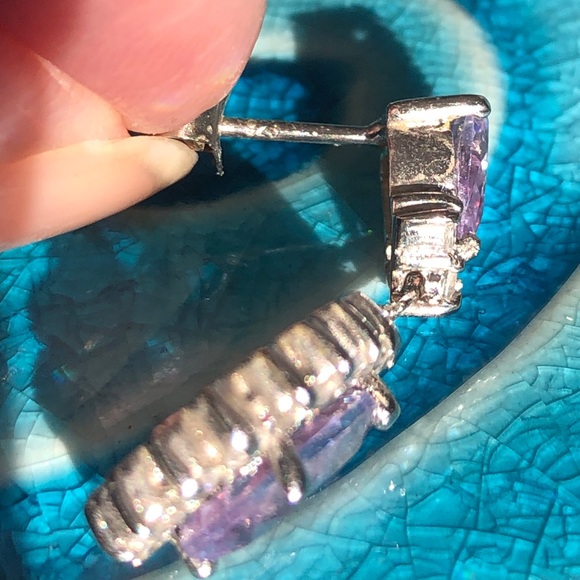 Sterling Silver 925 Purple and Clear Stone Dangle Earrings - Picture 6 of 16